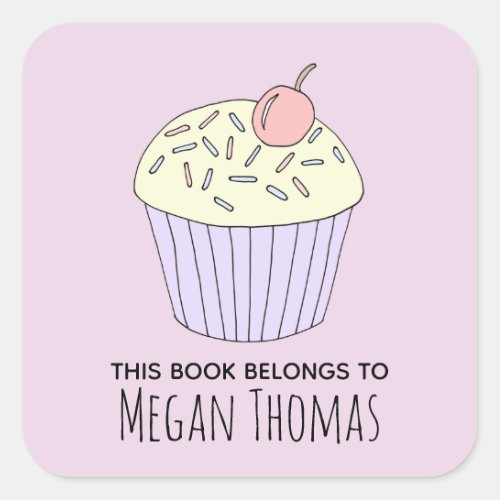 Girls Cute This Book Belongs Cupcake Muffin Name Square Sticker