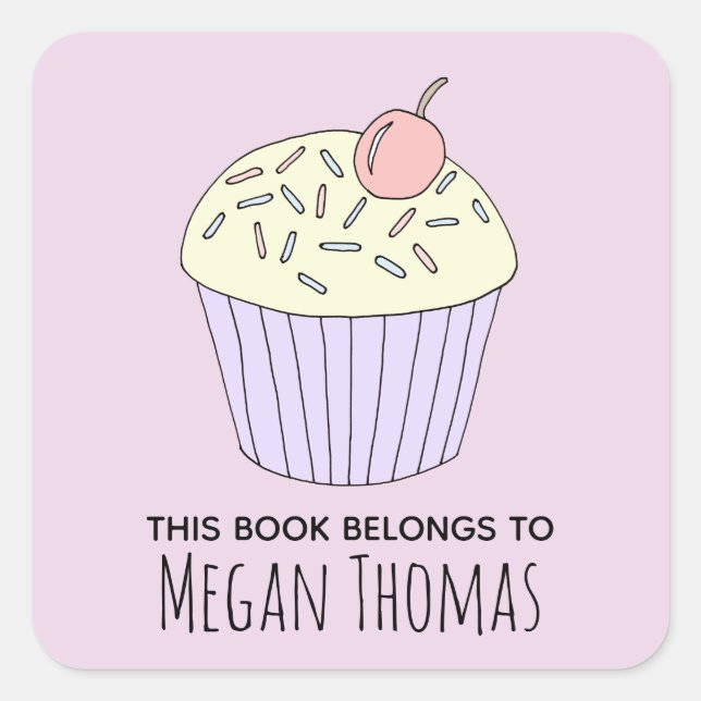 Girl's Cute This Book Belongs Cupcake Muffin Name Square Sticker (Front)