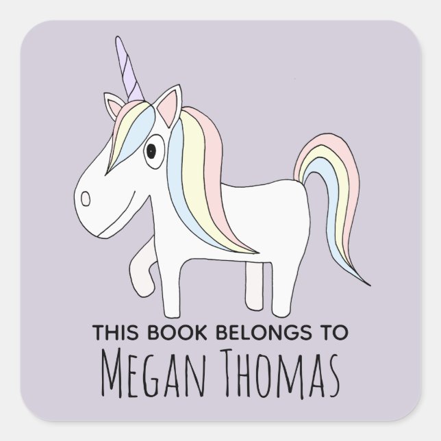 Girl's Cute This Book Belongs Magical Unicorn Name Square Sticker (Front)
