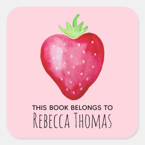 Girls Cute This Book Belongs Pink Strawberry Name Square Sticker