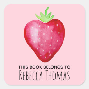 Girls Cute This Book Belongs Pink Strawberry Name Square Sticker