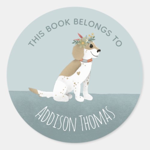 Girls Cute This Book Belongs Puppy  Name Kids Classic Round Sticker