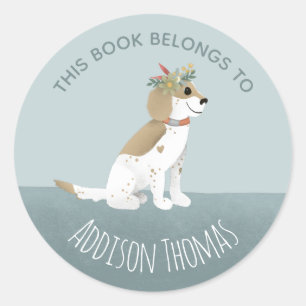 Girls Cute 'This Book Belongs' Puppy & Name Kids Classic Round Sticker