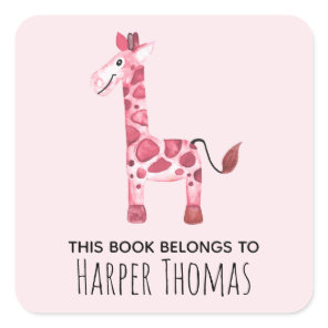 Girl's Cute This Book Belongs Safari Giraffe Name Square Sticker