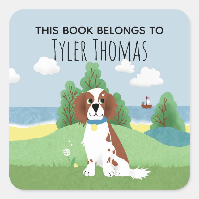 Girls Cute 'This Book Belongs' Spaniel & Name Kids Square Sticker (Front)