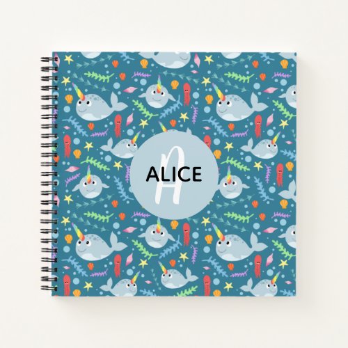 Girls Cute Trendy Narwhal Pattern Monogram Notebook