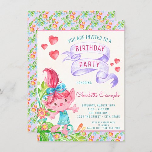 Girls Cute Troll Birthday Party Invitations