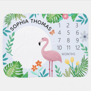 Girls Cute Tropical Flamingo & Flowers Milestone Baby Blanket