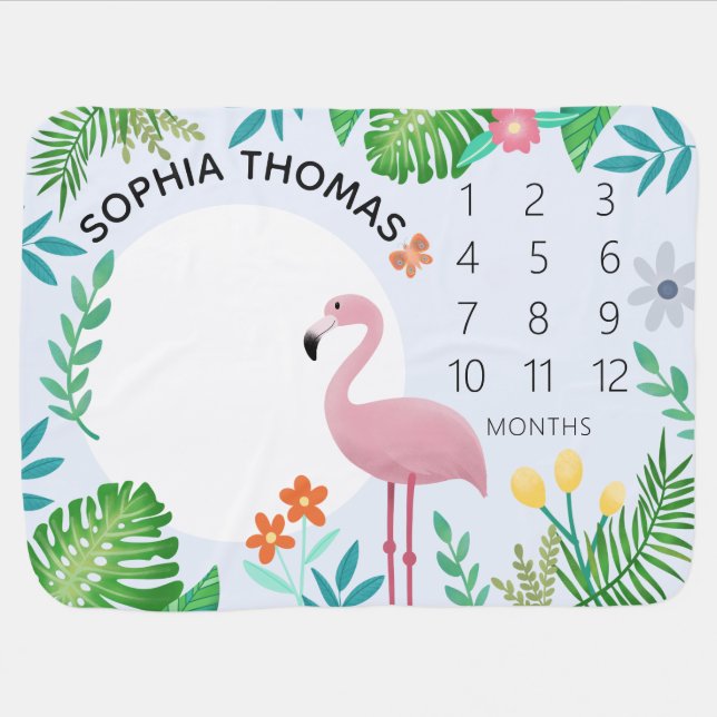 Girls Cute Tropical Flamingo & Flowers Milestone Baby Blanket (Horizontal)