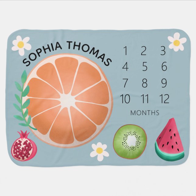 Girls Cute Tropical Summer Fruit Orange Milestone Baby Blanket (Horizontal)