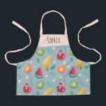 Girls Cute Tropical Summer Fruit Pattern Chef Kids Apron<br><div class="desc">This cute and modern kids apron design features a tropical fruit pattern,  with oranges,  watermelon,  kiwi,  pomegranate,  flowers,  and bananas,  and can be personalized with your girls name. The perfect gift for a little chef or fruit-lover.</div>
