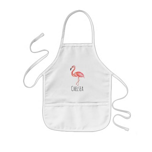 Girls Cute Tropical Watercolor Pink Flamingo Name Kids Apron