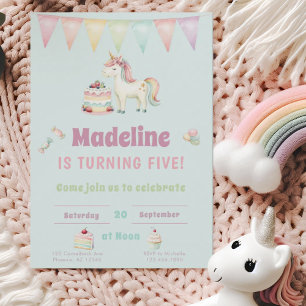 Girls Cute Turquoise Unicorn Fifth Birthday Invitation