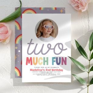 Girls Cute Two Much Fun Rainbow Photo 2nd Birthday Invitation