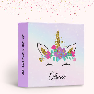 Girls Cute Unicorn And Watercolor Rainbow Custom 3 Ring Binder