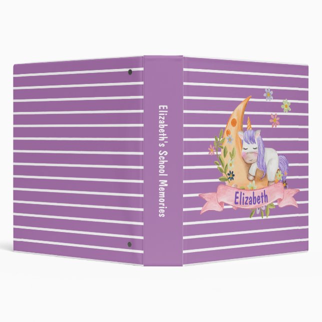 Girls Cute Unicorn Flowers Personalized name Kids  3 Ring Binder (Background)