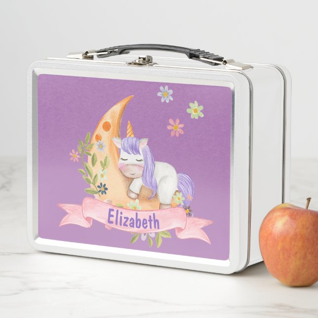 Girls Cute Unicorn Flowers Personalized name Kids  Metal Lunch Box (In Situ)