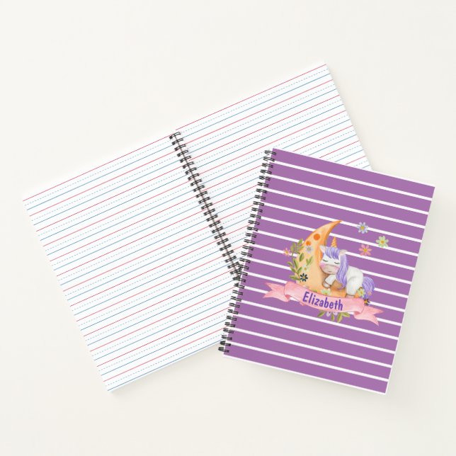 Girls Cute Unicorn Flowers Personalized name Kids  Notebook (Inside)