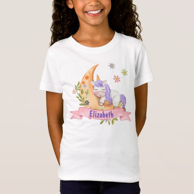 Girls Cute Unicorn Flowers Personalized name Kids  T-Shirt (Front)