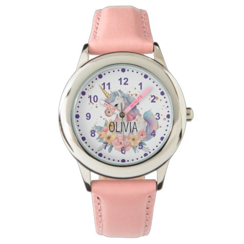 Girls Cute Unicorn Flowers Pink Custom Name Watch