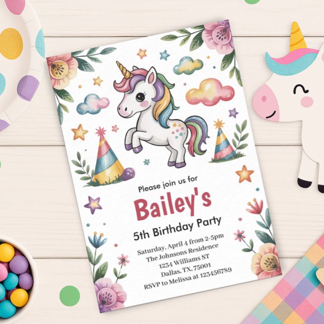 Girls Cute Unicorn Kids Birthday Invitation (Creator Uploaded)