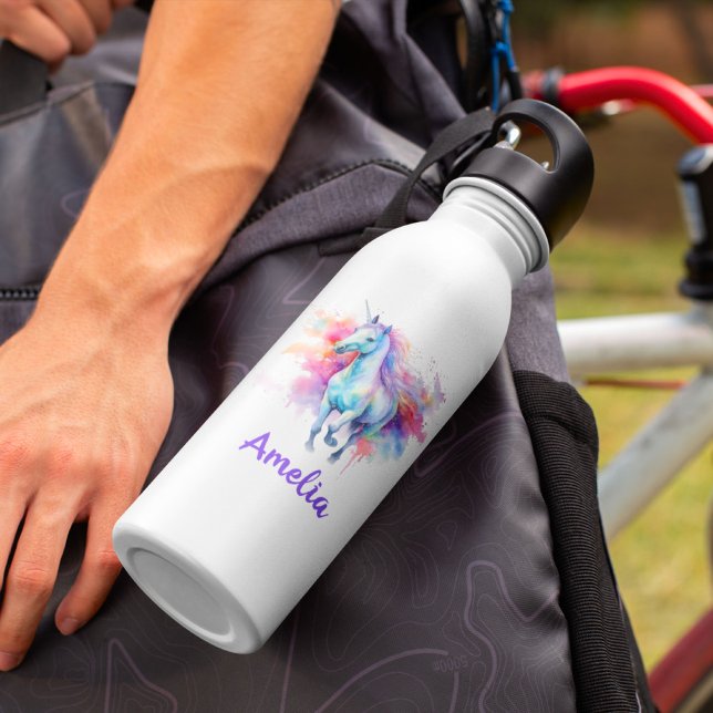 Girls Cute Unicorn Magical Rainbow Personalized  Stainless Steel Water Bottle (Creator Uploaded)
