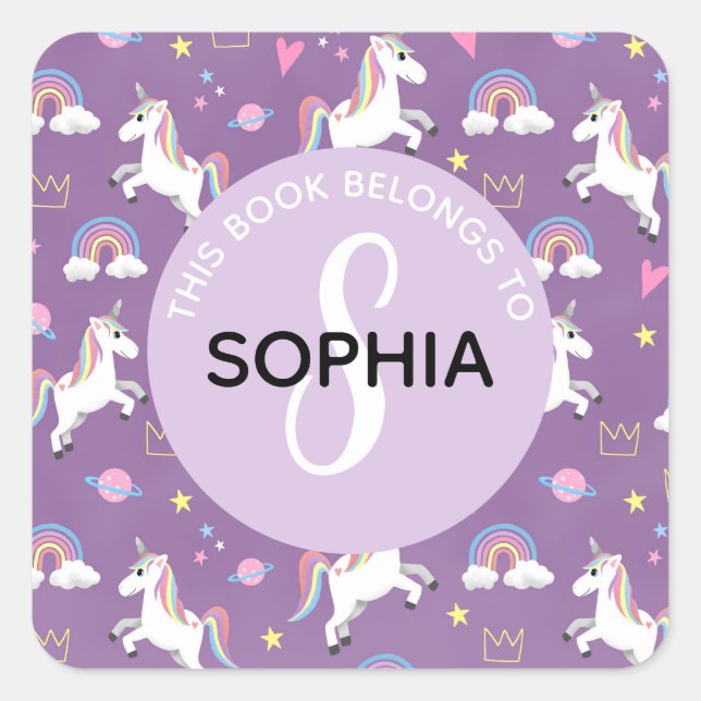Girls Cute Unicorn Pattern and Name Kids Bookplate (Front)