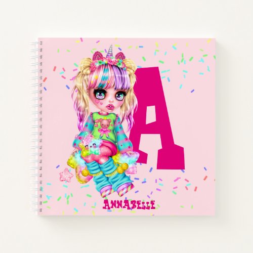 Girls Cute Unicorn Personalized Named Monogram Notebook