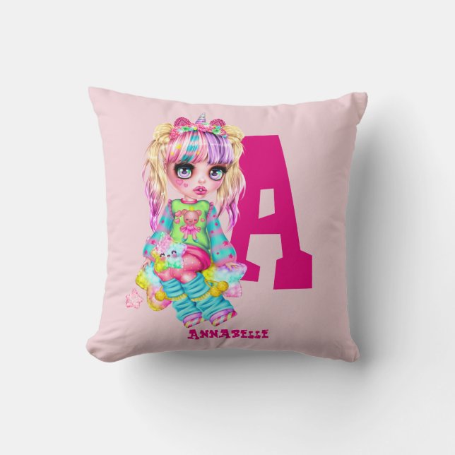 Girls Cute Unicorn Personalized Named Monogram Throw Pillow (Front)