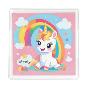 Girl's Cute Unicorn Rainbow Custom Name Acrylic Tray