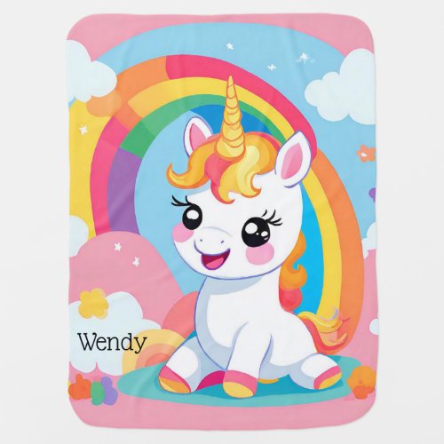 Girls Cute Unicorn Rainbow Custom Name Baby Blanket