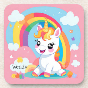 Girl's Cute Unicorn Rainbow Custom Name Beverage Coaster