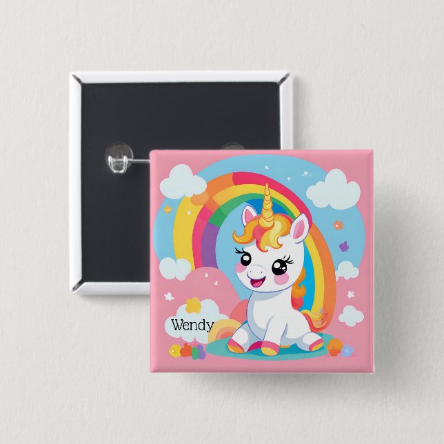 Girl's Cute Unicorn Rainbow Custom Name Button (Front & Back)