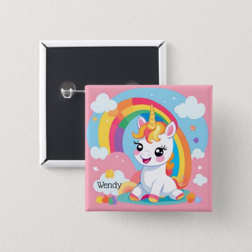 Girls Cute Unicorn Rainbow Custom Name Button