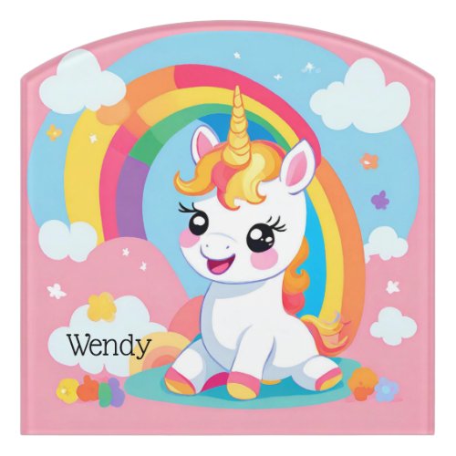 Girls Cute Unicorn Rainbow Custom Name Door Sign