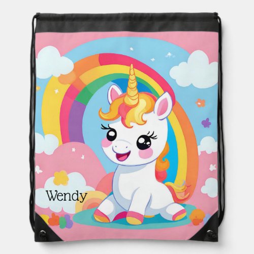 Girls Cute Unicorn Rainbow Custom Name Drawstring Bag