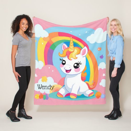Girls Cute Unicorn Rainbow Custom Name Fleece Blanket