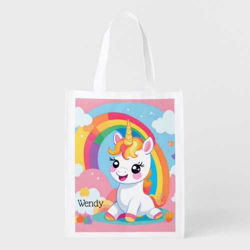 Girls Cute Unicorn Rainbow Custom Name Grocery Bag