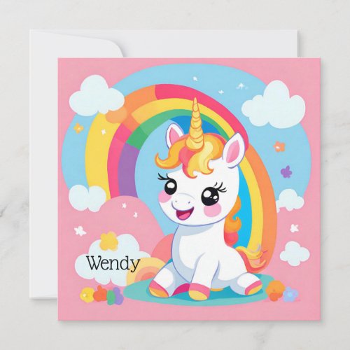 Girls Cute Unicorn Rainbow Custom Name Invitation