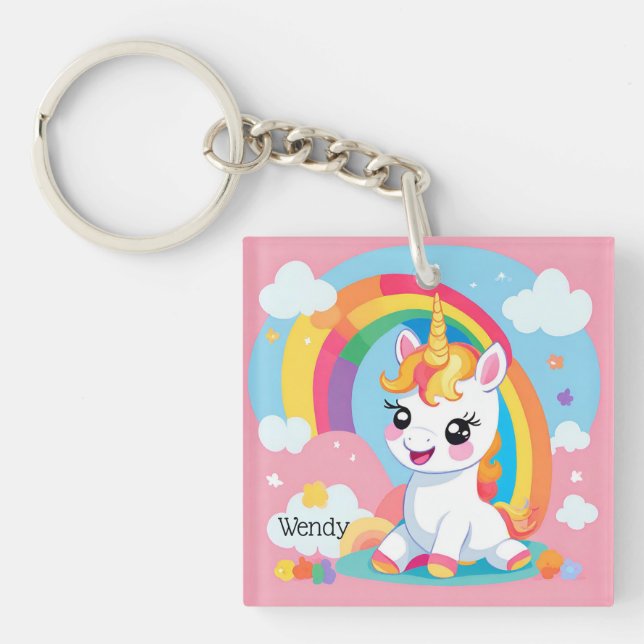 Girl's Cute Unicorn Rainbow Custom Name Keychain (Front)