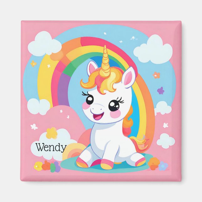 Girl's Cute Unicorn Rainbow Custom Name Magnet (Front)