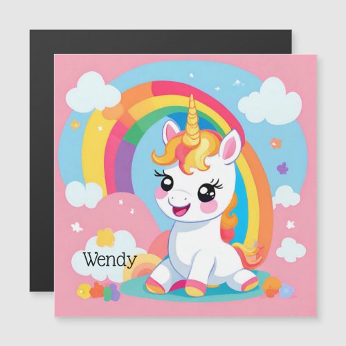 Girls Cute Unicorn Rainbow Custom Name Magnetic Invitation