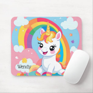 Girl's Cute Unicorn Rainbow Custom Name Mouse Pad