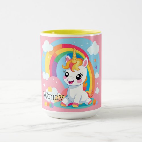 Girls Cute Unicorn Rainbow Custom Name Mug