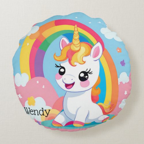 Girls Cute Unicorn Rainbow Custom Name Round Pillow