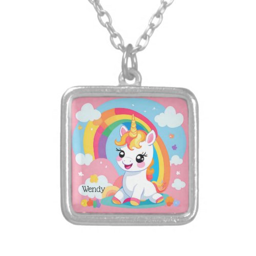 Girls Cute Unicorn Rainbow Custom Name Silver Plated Necklace