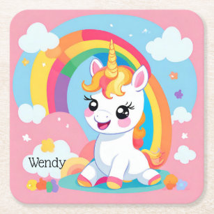 Girl's Cute Unicorn Rainbow Custom Name Square Paper Coaster