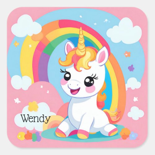 Girls Cute Unicorn Rainbow Custom Name Square Sticker
