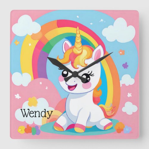 Girls Cute Unicorn Rainbow Custom Name Square Wall Clock