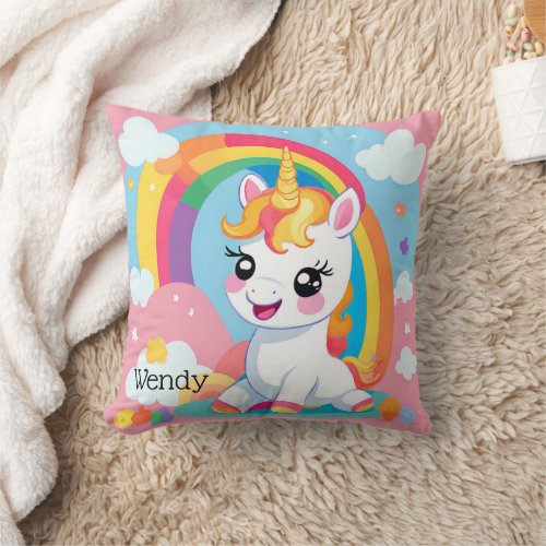 Girls Cute Unicorn Rainbow Custom Name Throw Pillow